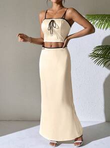 Breezaya Conjunto de 2 piezas de top camisola con cordón y falda con ribete contrastante para mujer