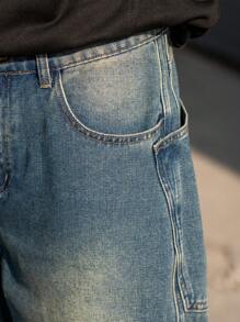 Claim Dot 男式宽松直筒口袋休闲百搭牛仔裤 - 中等水洗藍 - 查看 5