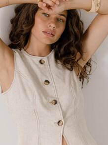 Aralina 长款亚麻海滩度假定制夏季背心 - 米色 - 查看 3