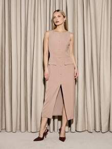 AiiRZ Elegant Button-Front Column Midi Dress With Pockets Professional Office Party Wedding Guest Business Sleeveless Split Front Fall Winter Spring - Khaki - View 1