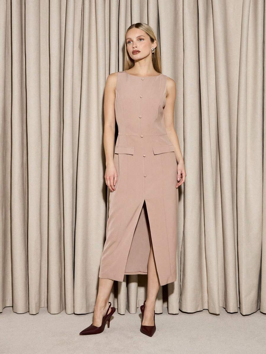 AiiRZ Elegant Button-Front Column Midi Dress With Pockets Professional Office Party Wedding Guest Business Sleeveless Split Front Fall Winter Spring - Khaki - View 1