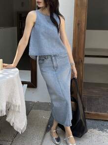 DAZY 女士水洗牛仔宽松背心和裙子套装 - 中等水洗藍 - 查看 9