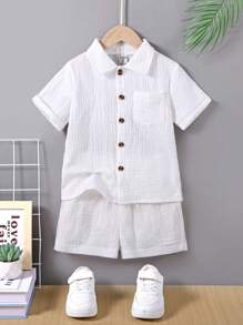 SHEIN Vintaside Kids 2pcs Set Young Boy Casual Simple School Style Cotton Short Sleeve Shirt And Shorts, Suitable For Everyday, School, Outing, Getaway, Holiday, Travel, Relax, Sunbathing, Spring & Summer