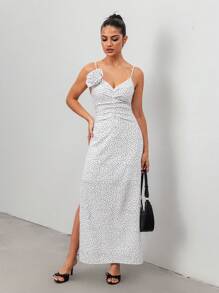 Chiquease 女士时尚波尔卡圆点印花荷叶边前开衩无袖连衣裙，春夏 - 白色 - 查看 1