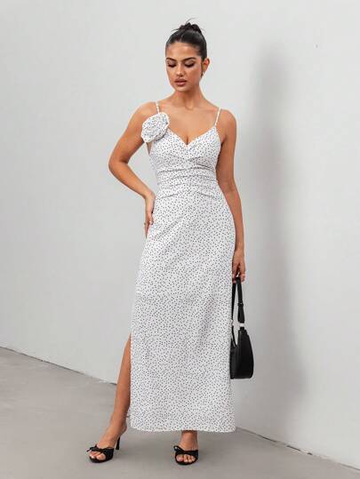 Chiquease Women's Fashionable Polka Dot Print Ruffle Front Slit Sleeveless Dress, Spring/Summer