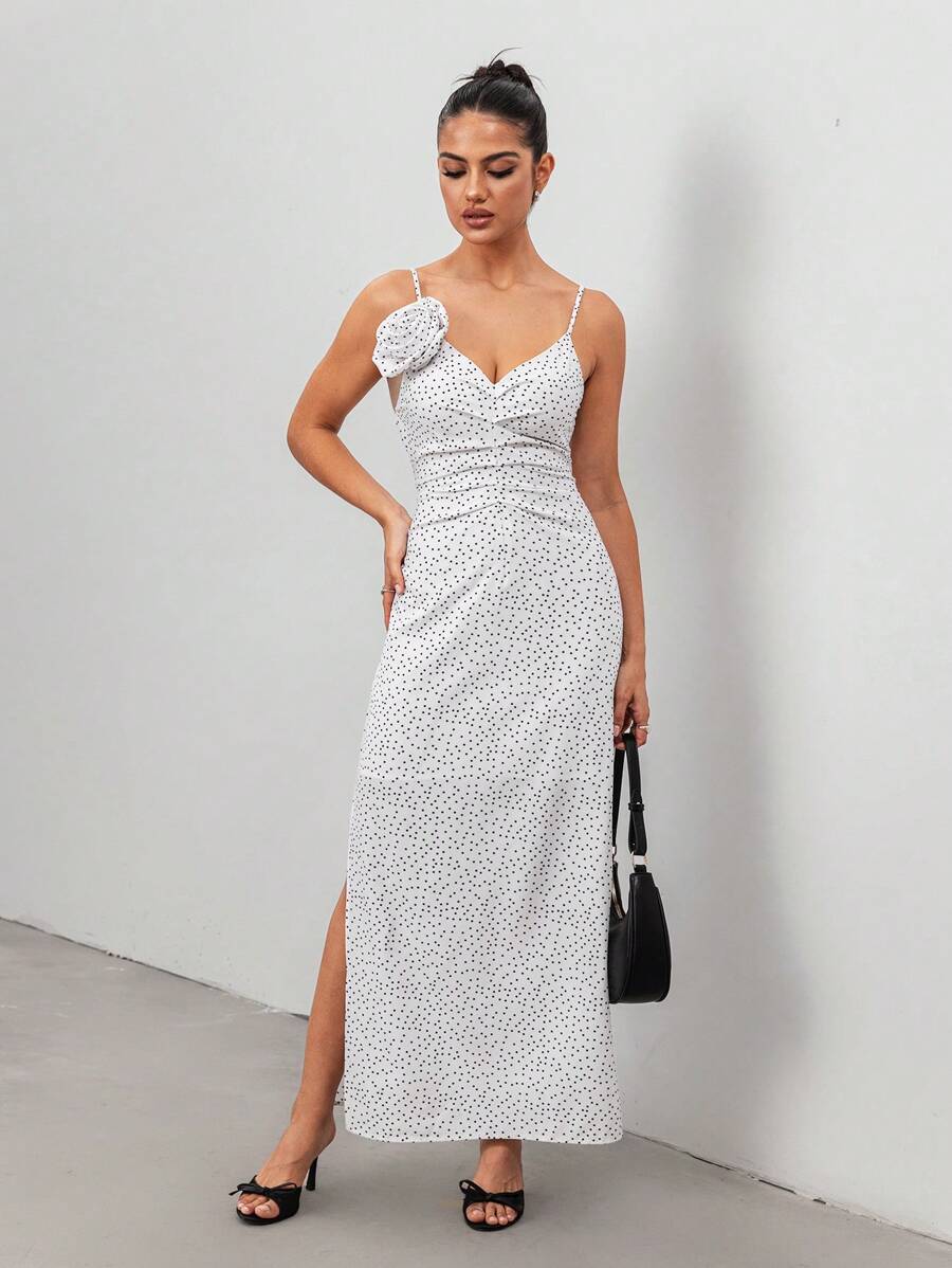 Chiquease 女士时尚波尔卡圆点印花荷叶边前开衩无袖连衣裙，春夏 - 白色 - 查看 1