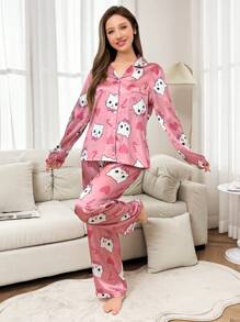 2件套女士卡通猫咪棒棒糖印花睡衣套装，秋冬服装 - 彩色 - 查看 5