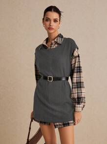SHEIN Frenchy Plaid Drop Shoulder Blouse & Vest Without Belt Vintage Style Winter Casual - Grey - View 2