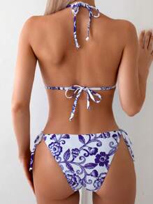 Swim Lushoire 女士系带露背花卉印花连体泳衣，简约修身，适合夏季海滩度假 - 紫色 - 查看 2