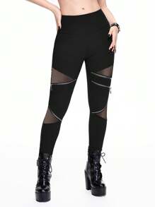 ROMWE Gothic Pentagram Zipper Decor Hollow Out Splice Women's Skinny Stretchy Leggings - Black - View 2