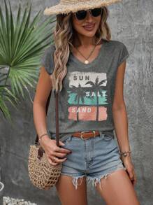 INAWLY Plus Size Vrouwen Palmboom Print V-hals Korte Mouw T-shirt, Voor De Zomer