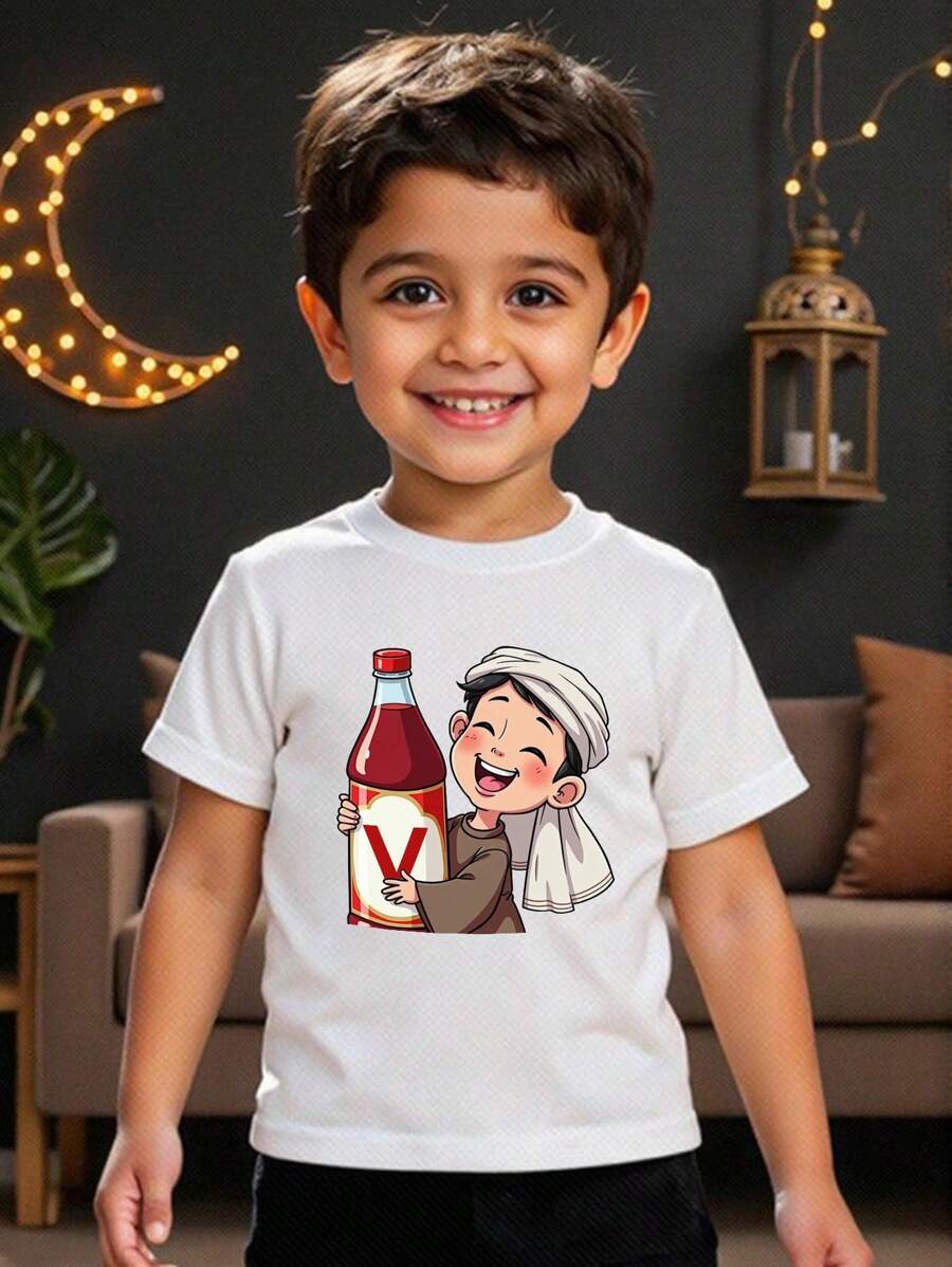 男孩卡通人物印花圆领短袖休闲 T 恤