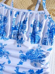 SHEIN Tween Girls One Piece Is Fashionable, Casual, Elegant, With Blue And White Flower Patterns. It Is Knitted In One Piece Without Cuff And Pleated. The Thin Design Is Suitable For Summer Vacation And Swimming - Multicolor - View 5
