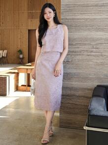 DAZY 2 件套女士方领短款吊带背心上衣和裙子花卉印花套装 - 紫色 - 查看 5