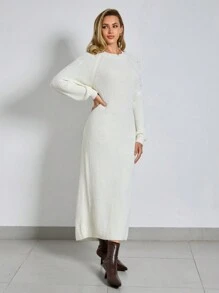 EURMUSE Round Neck Raglan Sleeve Maxi Sweater Dress With Beading - White - View 3