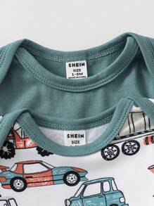 4 件套新生儿可爱汽车图案连体衣连脚裤家居服套装