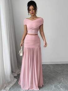 Elenzga 2 món/Bộ trang phục thường ngày đơn giản bó sát màu trơn cho nữ và váy - Hồng - Xem 7