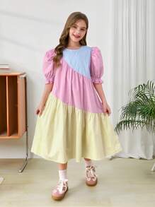 SHEIN Tween 女童纯色拼色褶皱泡泡袖紧身连衣裙，返校季，淑女风，马卡龙色，休闲度假装，春夏 - 彩色 - 查看 7