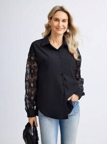 Miaspire Women's Floral Mesh Patchwork Long Sleeve Single-Breasted Shirt - Black - View 5