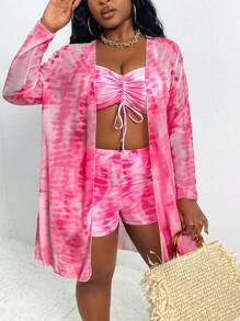 SHEIN Slayr Plus Size Women Tie Dye Print Bikini Set & Cover Up, For Summer Beach Vacation