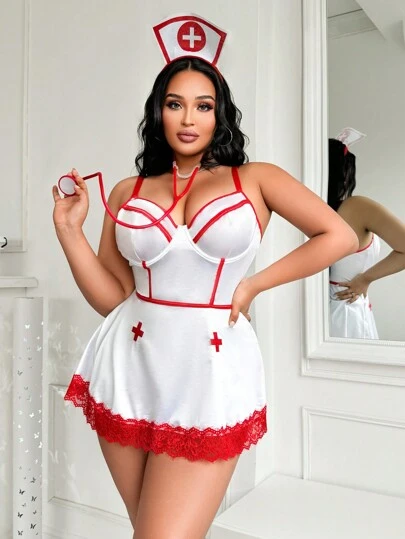 Plus Size Sexy Costume Set (Dress, Thong, Headpiece 3pcs) Nurse