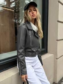 EURMUSE Women's Solid Color Zip Up Collar Long Sleeve Motorcycle PU Leather Jacket, Autumn - Grey - View 5