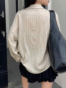 FRIFUL 女士杏色宽松条纹翻领衬衫，适合通勤和办公室穿着，春季亚麻长袖上衣 - 杏色 - 查看 5