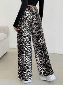 EURMUSE Women's Front Button Pocket Leopard Print Simple Casual Pants, For Everyday Wear - Multicolor - View 2