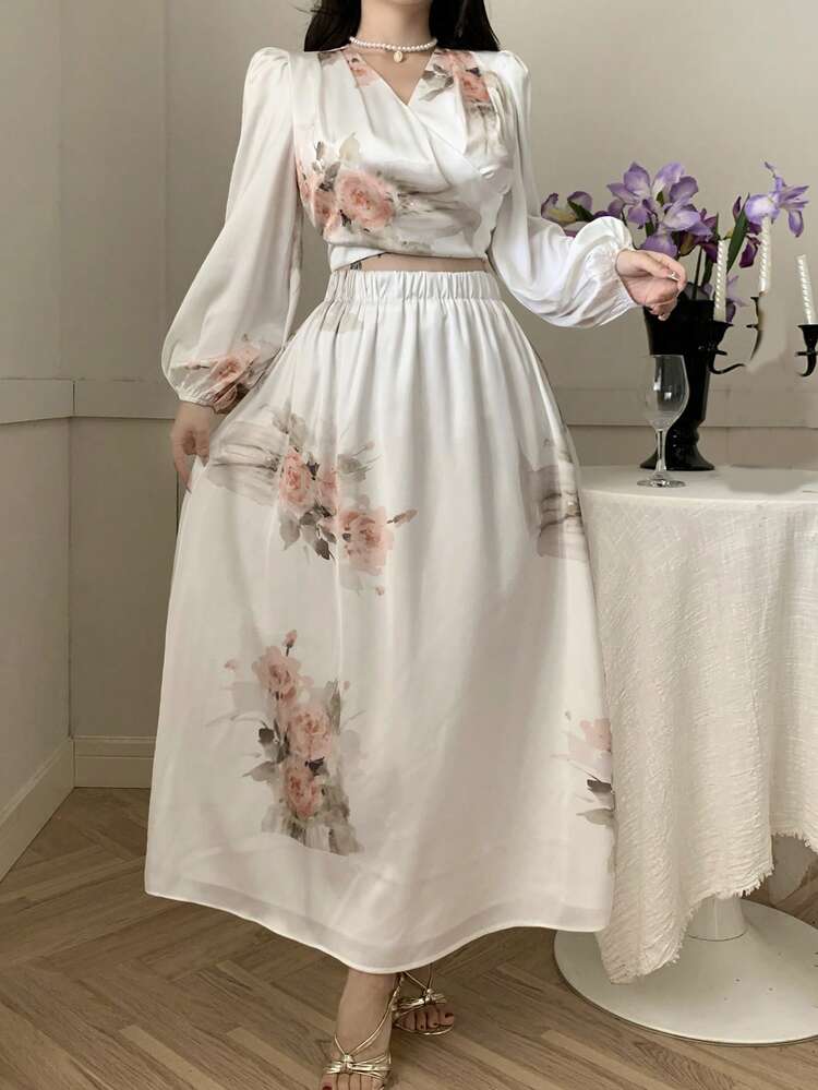 Women Floral Print Maxi Dress 2pcs Set, Spring/Summer Easter