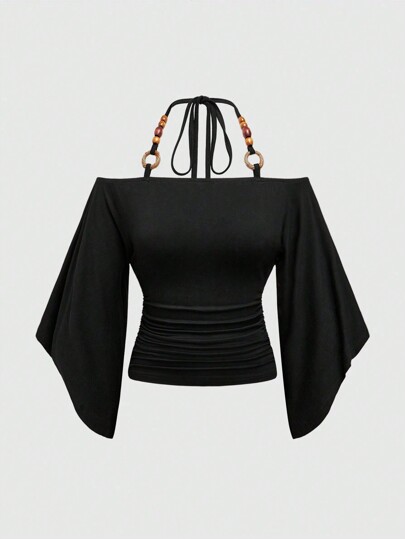 Hippie Gyaru Vintage Oversized Off Shoulder Wooden Bead Decor Flounce Sleeve Women T-Shirt, Black Top