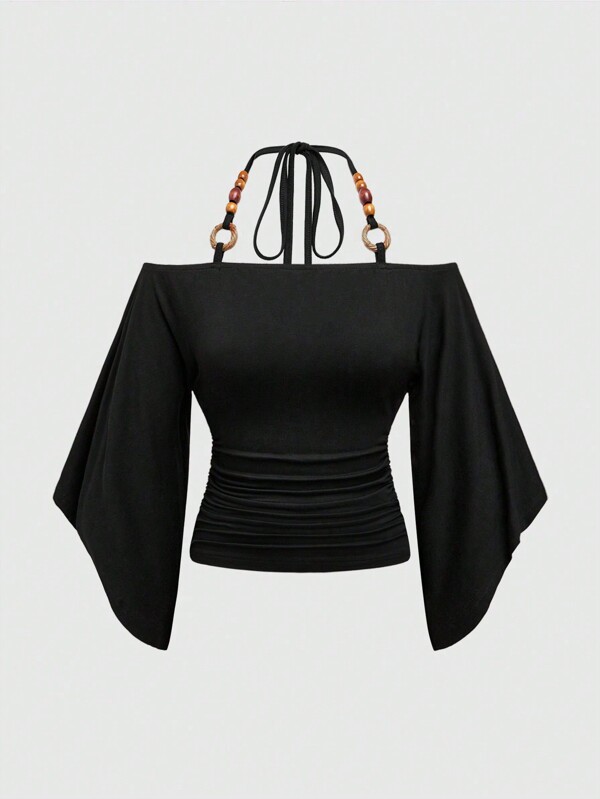 ROMWE Hippie Gyaru Vintage Oversized Off Shoulder Wooden Bead Decor Flounce Sleeve Women T-Shirt, Black Top