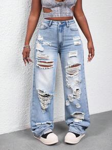 SHEIN Slayr Women's Distressed Straight Leg Washed Denim Jeans