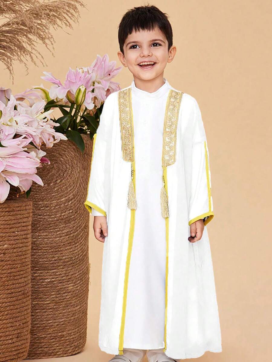 2件套：小男孩拼接丝带长袖外套和长上衣 - 白色 - 查看 1