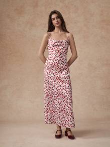 Écloséra 浪漫假期纯色花卉印花垂坠领口后背镂空系带长款吊带背心连衣裙 - 杏色 - 查看 1