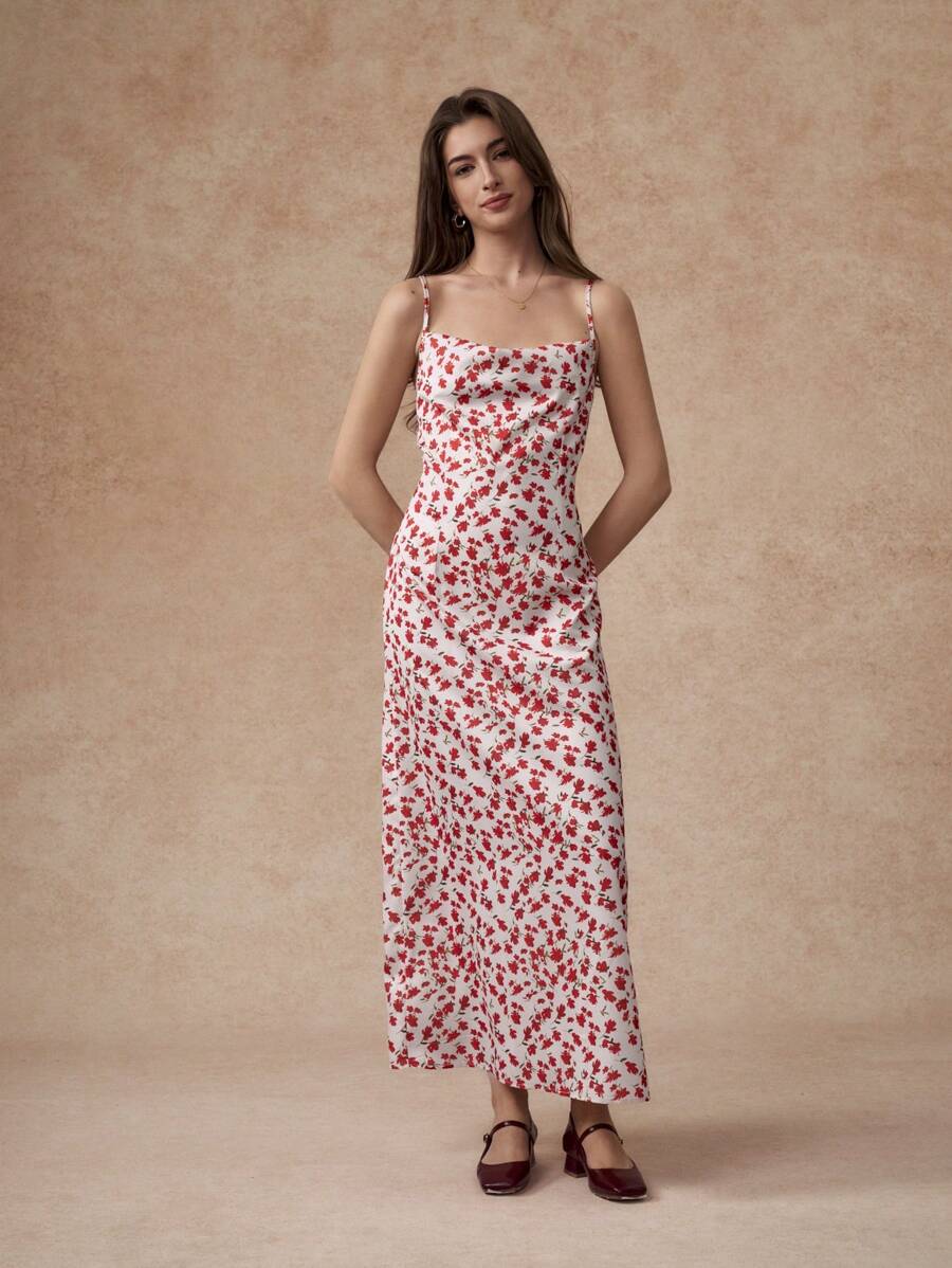 Écloséra 浪漫假期纯色花卉印花垂坠领口后背镂空系带长款吊带背心连衣裙 - 杏色 - 查看 1