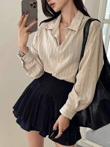 FRIFUL 女士杏色宽松条纹翻领衬衫，适合通勤和办公室穿着，春季亚麻长袖上衣 - 杏色 - 查看 1