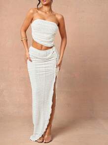 L'Amorae Asymmetric High Slit Crochet Ruched Vacation Maxi Skirt, Spring Summer For Women - Apricot - View 1