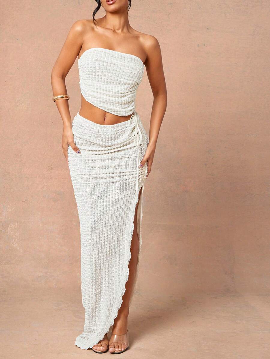 L'Amorae Asymmetric High Slit Crochet Ruched Vacation Maxi Skirt, Spring Summer For Women - Apricot - View 1