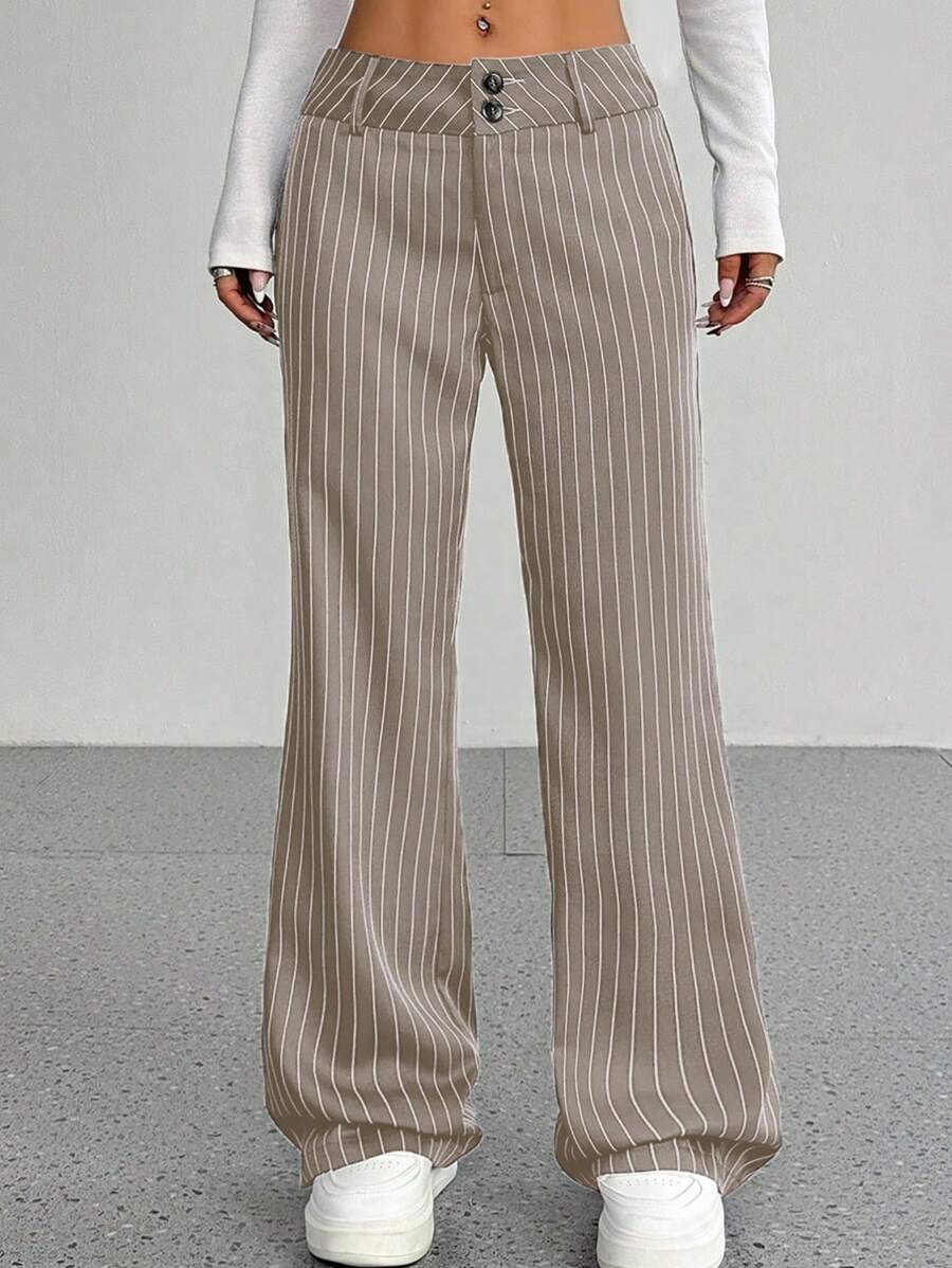 SHEIN Unity Women's Striped Flare Casual/Work Loose Fit Long Pants Fall Cloth For Women - Khaki - View 1