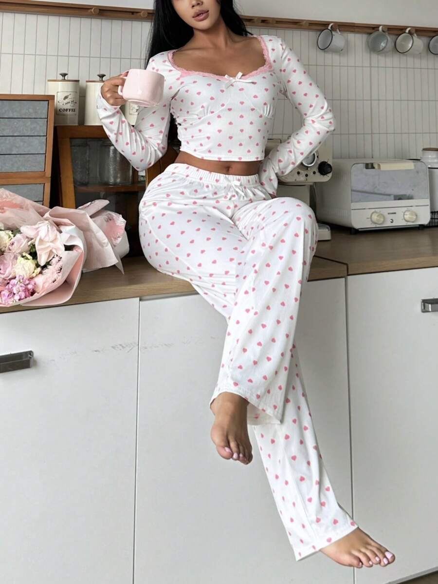 Lace Trim Heart Pattern Sweet Women Pajama Set - Multicolor - View 1