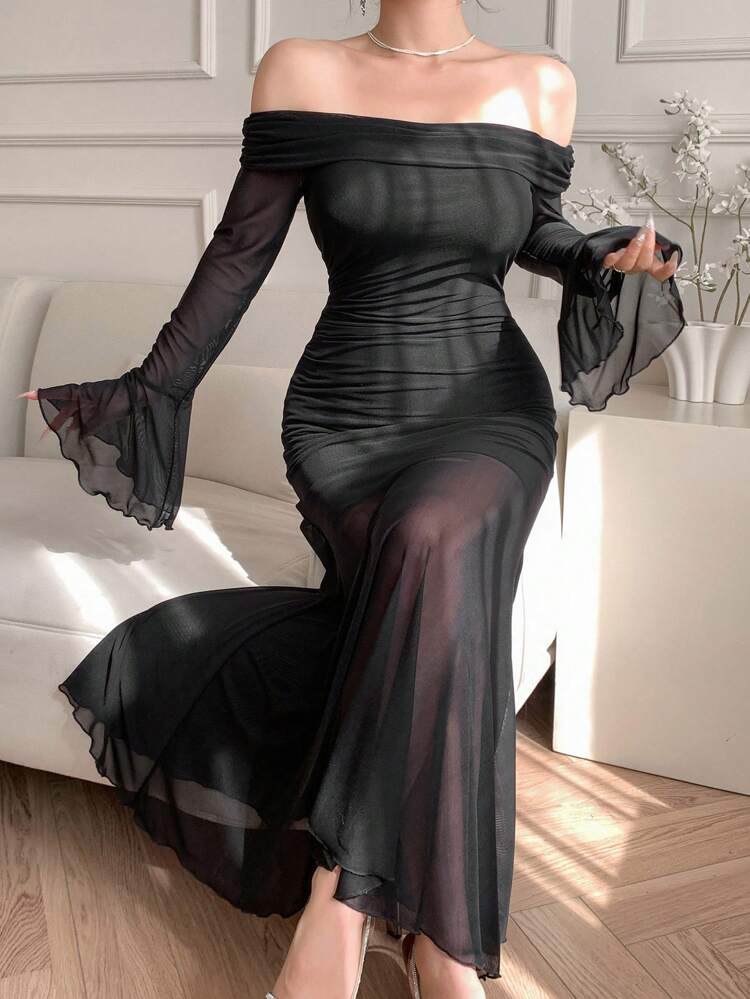 Sheer Mesh Patchwork Off-Shoulder Flare Sleeve Sexy Bodycon Mermaid Midi Dress For Women