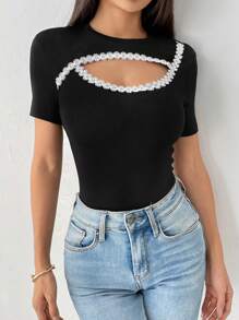 Chiquease Camiseta de moda de mujer con escote redondo, manga corta, con aplicación decorativa y diseño calado
