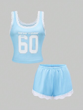 Street Life Conjunto de camiseta de tirantes con estampado numérico y encaje y shorts casuales para estar en casa en verano para niñas activas