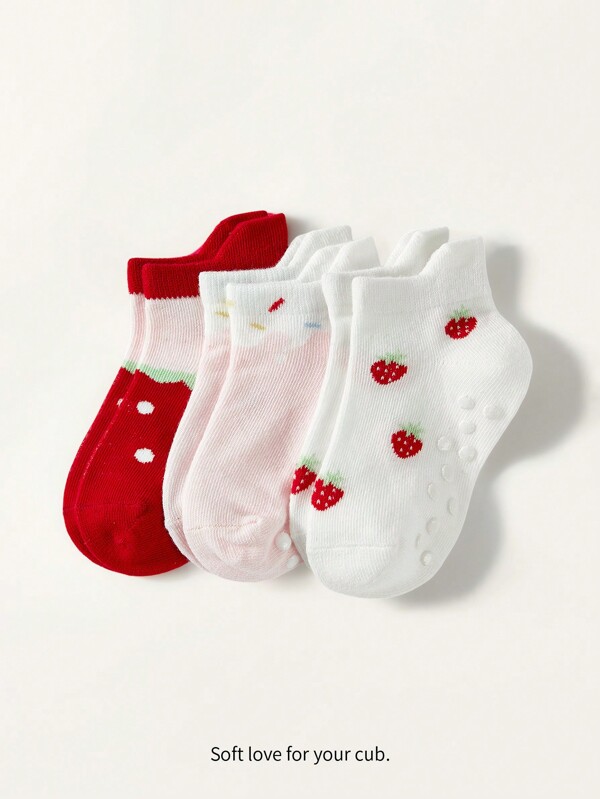Cozy Pixies 3 Pairs Baby/Toddler Strawberry Jacquard Cotton Ankle Socks