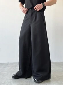 Claim Dot Plus Size Men's Solid Color Pleated Wide Leg Casual Pants, Loose Black Pants, Fall - Black - View 5