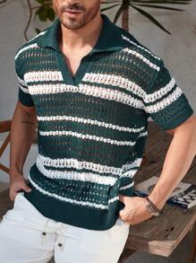 Manfinity Homme Chandail en tricot à col polo rayé ajouré décontracté pour hommes