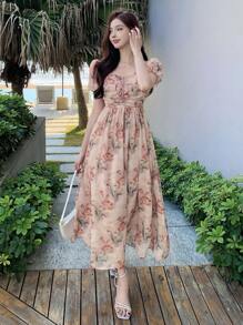 DAZY 女式甜心领系带正面花卉印花长款衬衫裙太阳裙