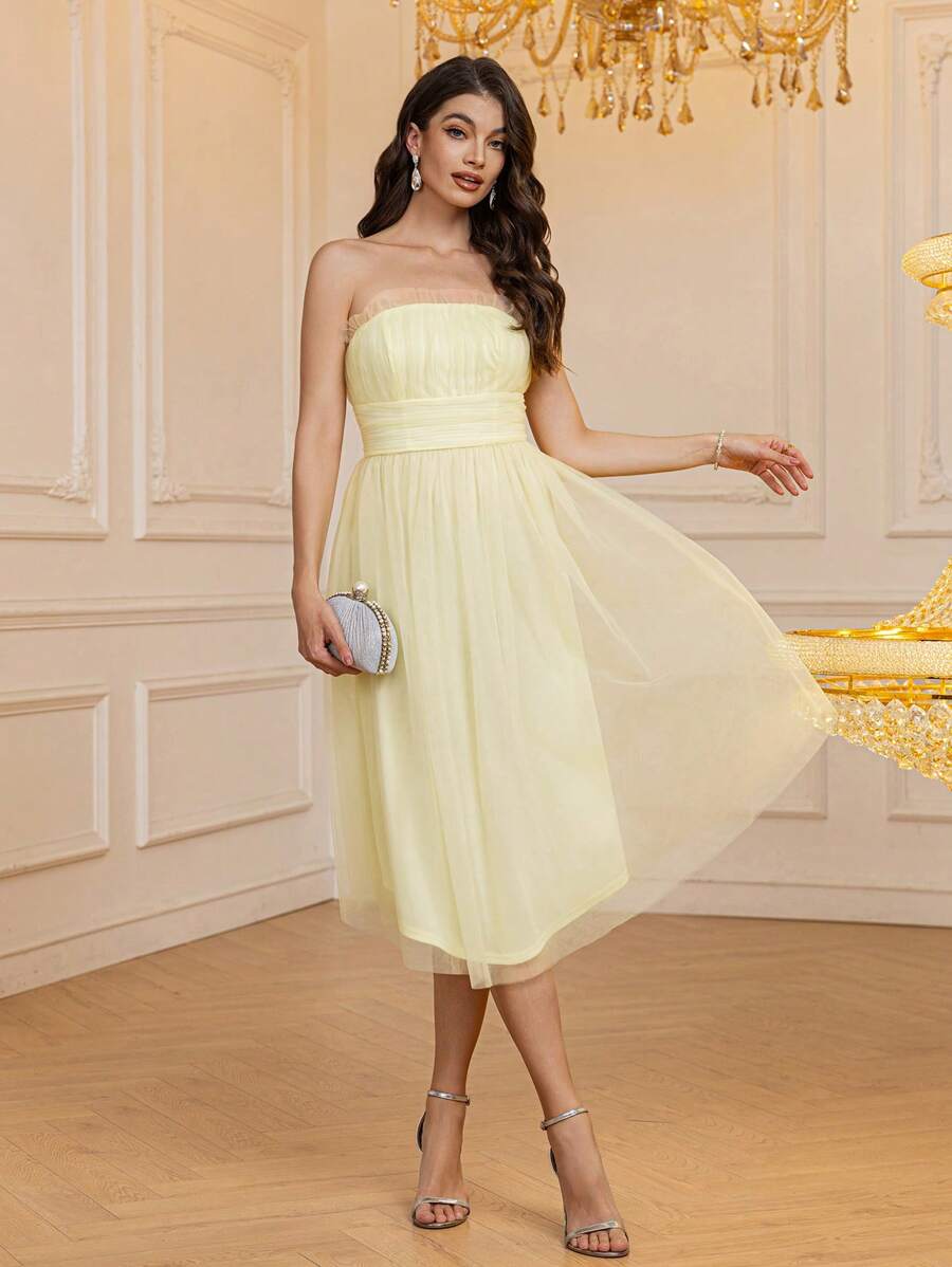 SHEIN Belle 女士浅黄色雪纺紧身连衣裙，不对称下摆收腰中长连衣裙，优雅派对礼服，伴娘礼服 - 黃色 - 查看 1
