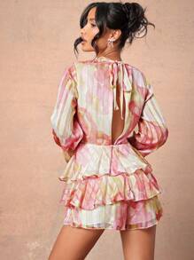 L'Amorae High Neck Open Back Long Sleeve Romper - Multicolor - View 2