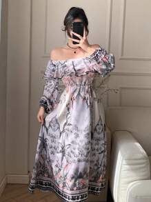 DAZY Beige Floral Print Off Shoulder Full Flare Dress For Women,Long Sleeve Ruffle Hem Self Tie Waist Autumn Boho Holiday Tea Party Vacation Outfits - White - View 7